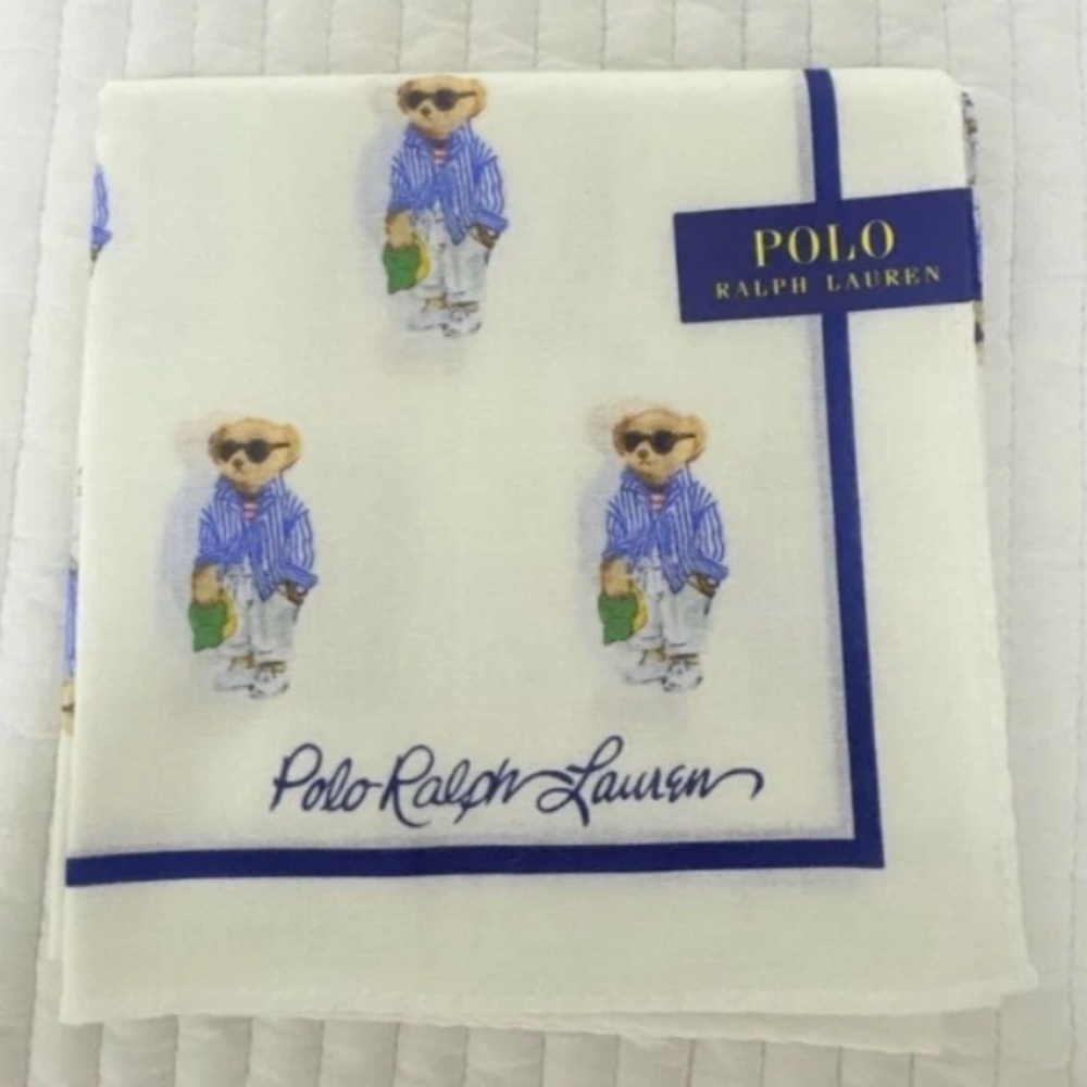 NEW Polo Ralph Lauren Bear All Over Cotton Handkerchief Scarf Pocket Square